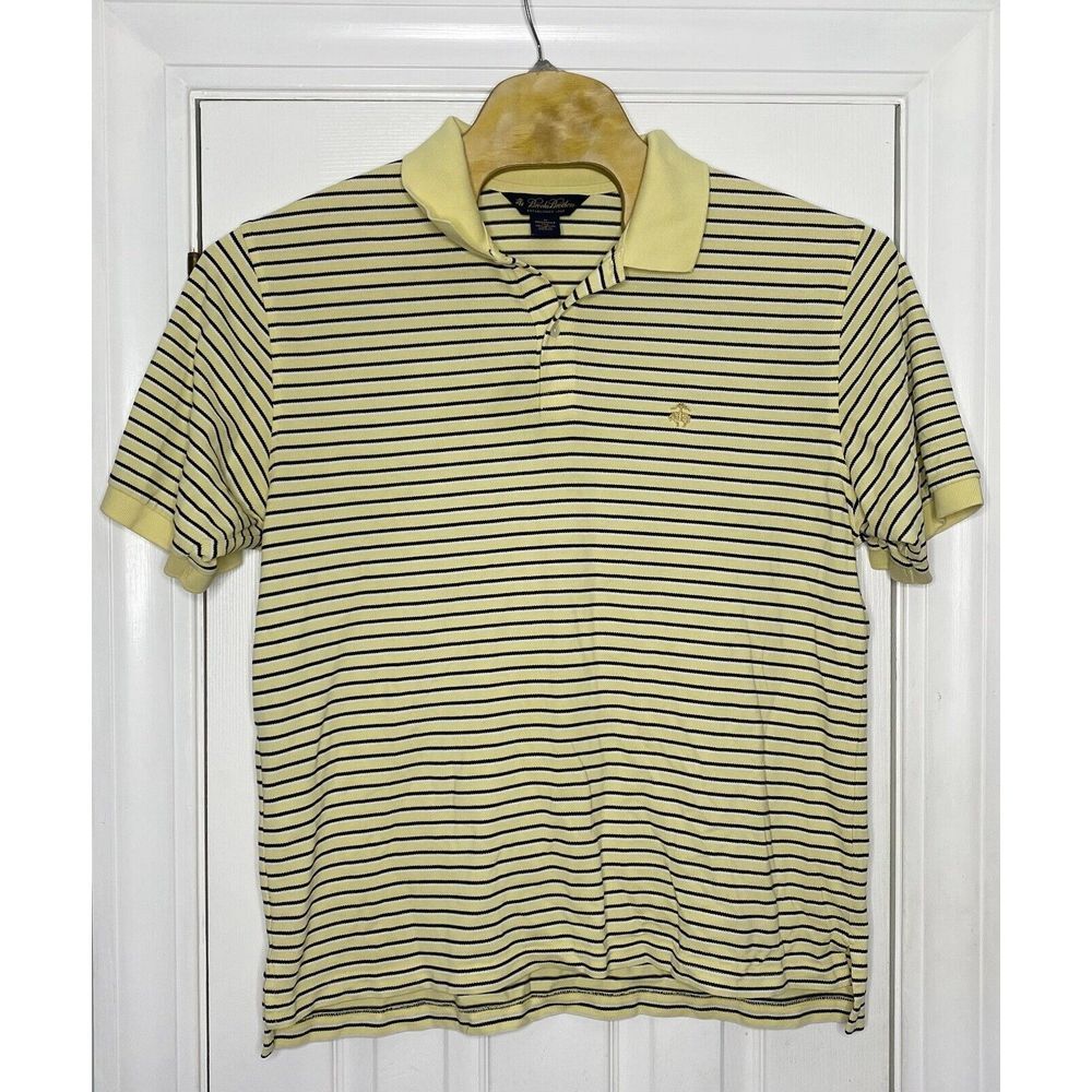 Brooks Brothers Mens Short Sleeve Polo Yellow Navy‎ Stripes XL Cotton Gold Sheep